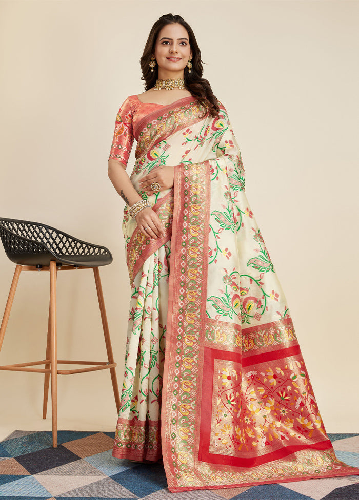 Cream Banarasi Silk Saree With Blouse Piece