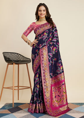 Navy Blue Banarasi Silk Saree With Blouse Piece