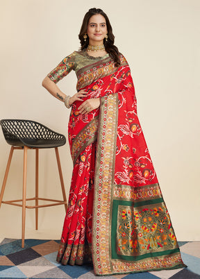 Red Banarasi Silk Saree With Blouse Piece