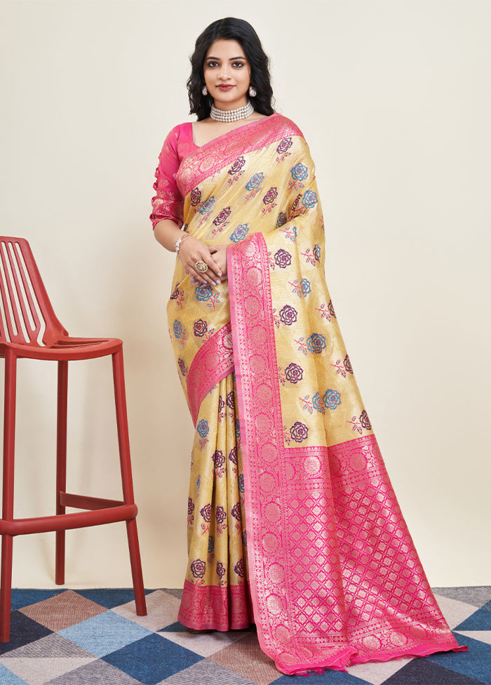 Yellow Banarasi Silk Saree With Blouse Piece