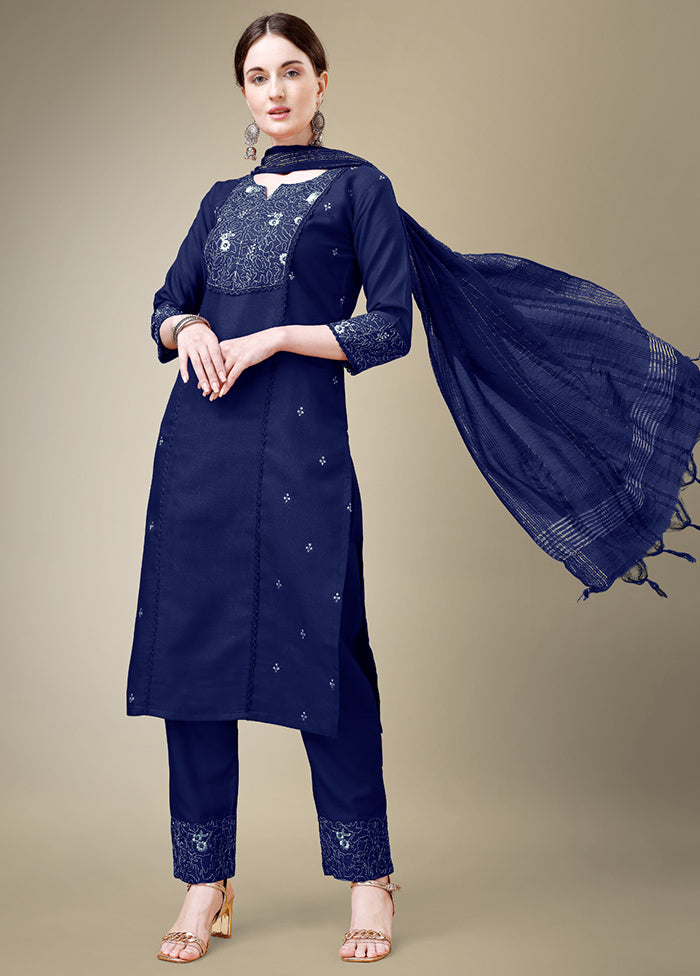 3 Pc Navy Blue Readymade Cotton Suit Set