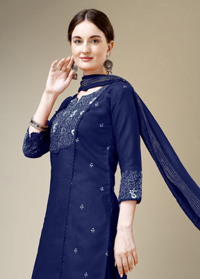 3 Pc Navy Blue Readymade Cotton Suit Set