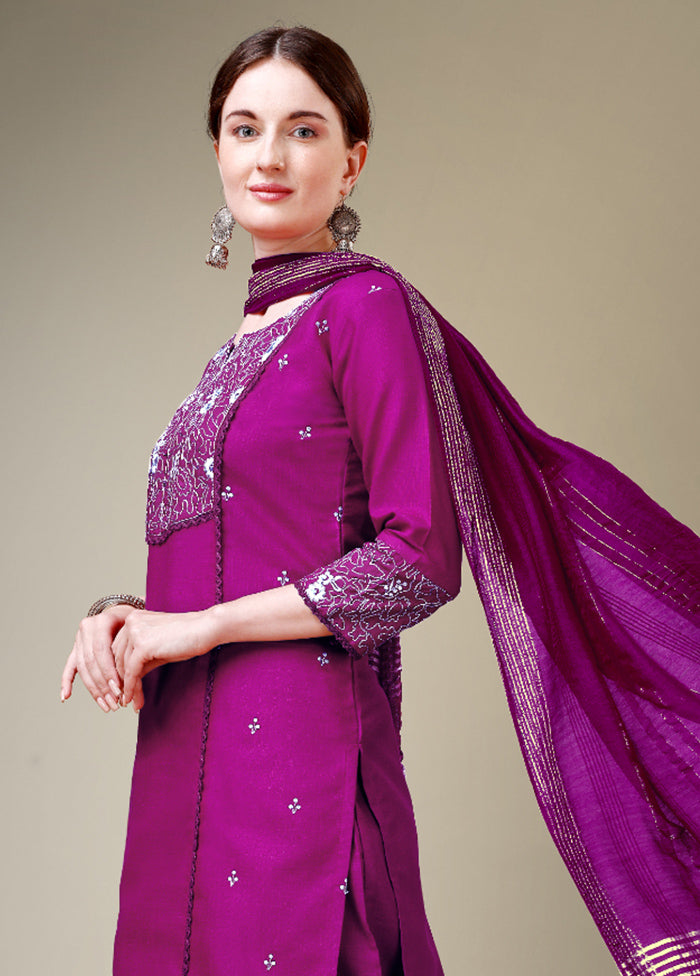 3 Pc Purple Readymade Cotton Suit Set