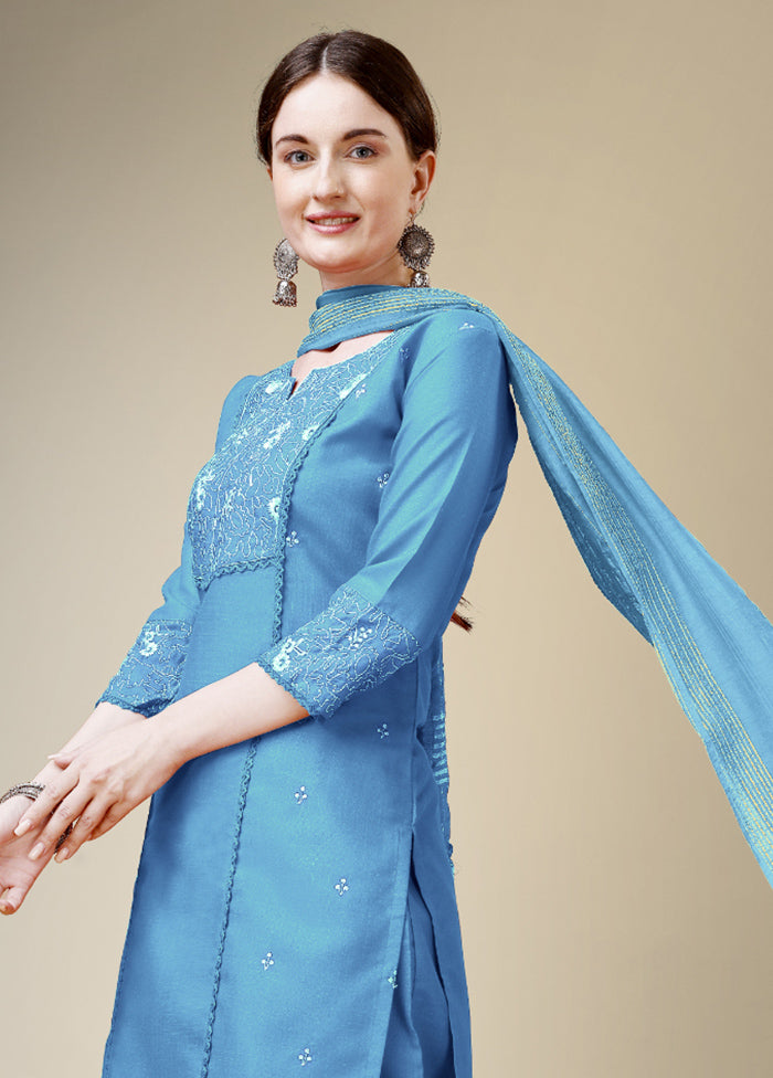 3 Pc Sky Blue Readymade Cotton Suit Set