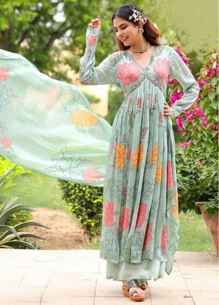 3 Pc Sky Blue Readymade Georgette Suit Set