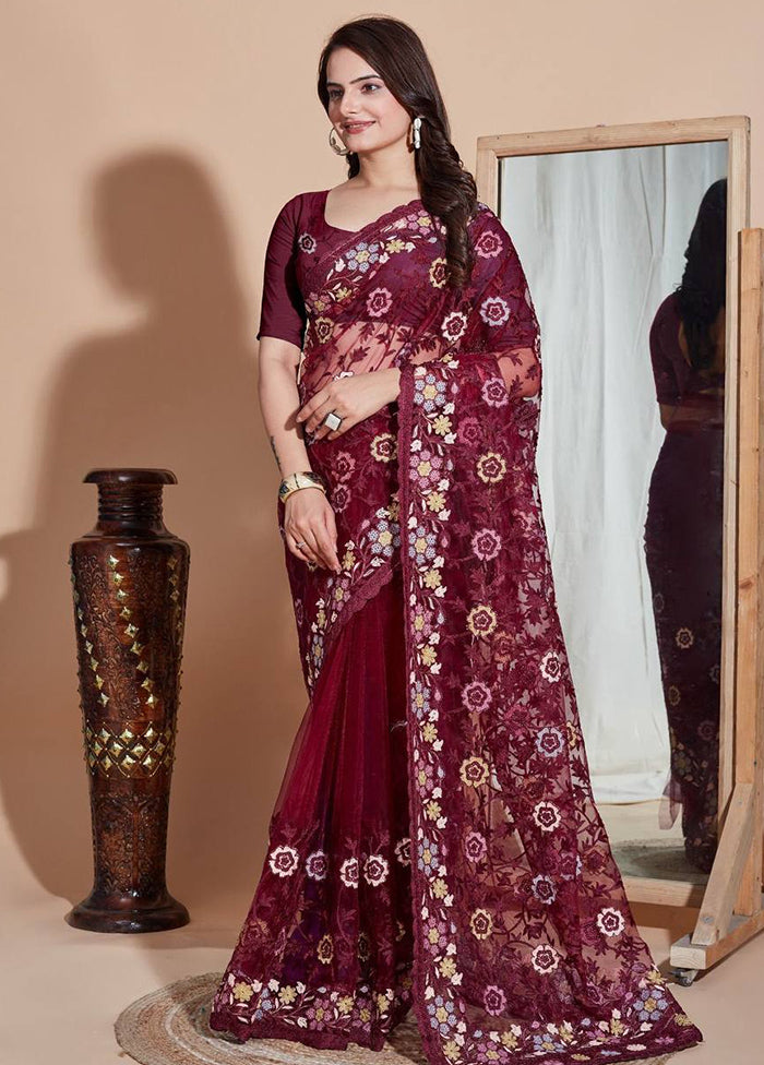 Wine Net Saree With Blouse Piece