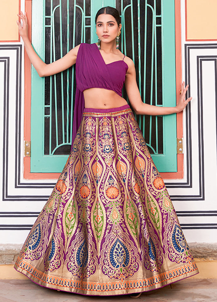 3 Pc Purple Silk Semi Stitched Lehenga Set