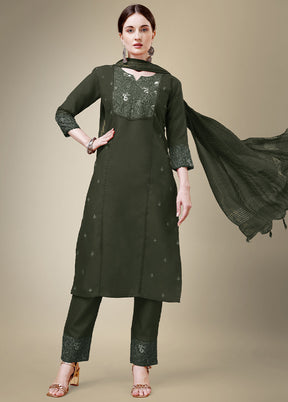 3 Pc Dark Green Readymade Cotton Suit Set