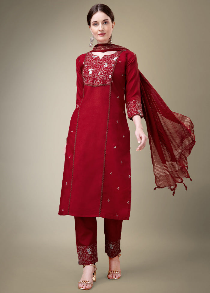 3 Pc Maroon Readymade Cotton Suit Set