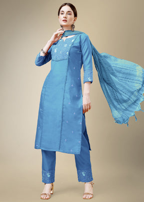 3 Pc Sky Blue Readymade Cotton Suit Set