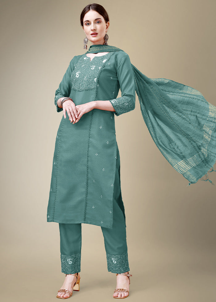 3 Pc Teal Readymade Cotton Suit Set