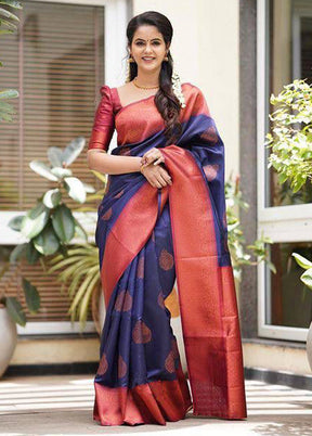 Navy Blue Banarasi Silk Saree With Blouse Piece