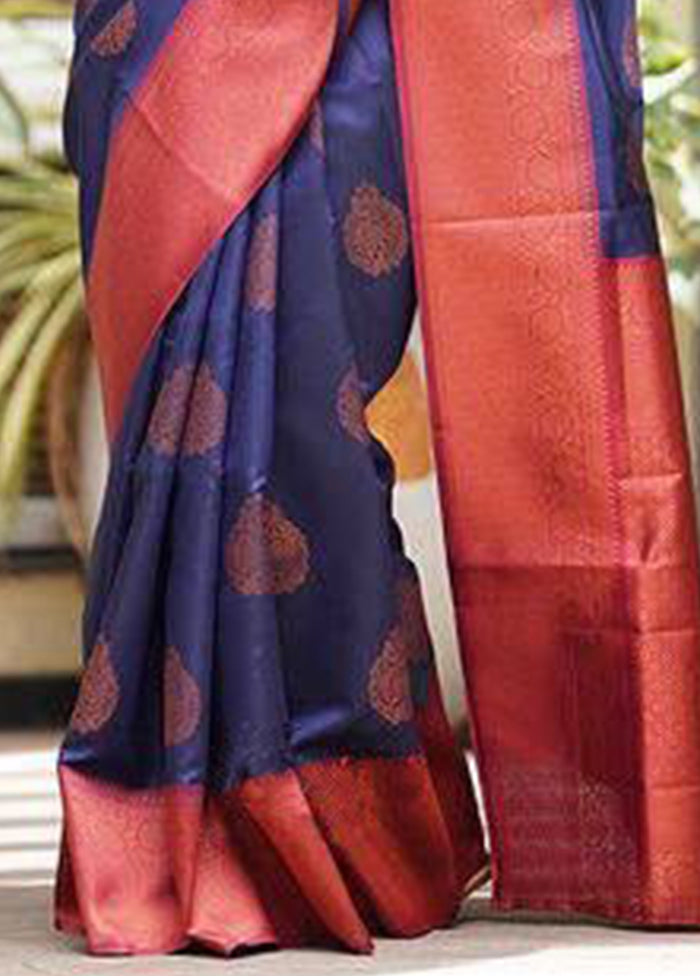 Navy Blue Banarasi Silk Saree With Blouse Piece