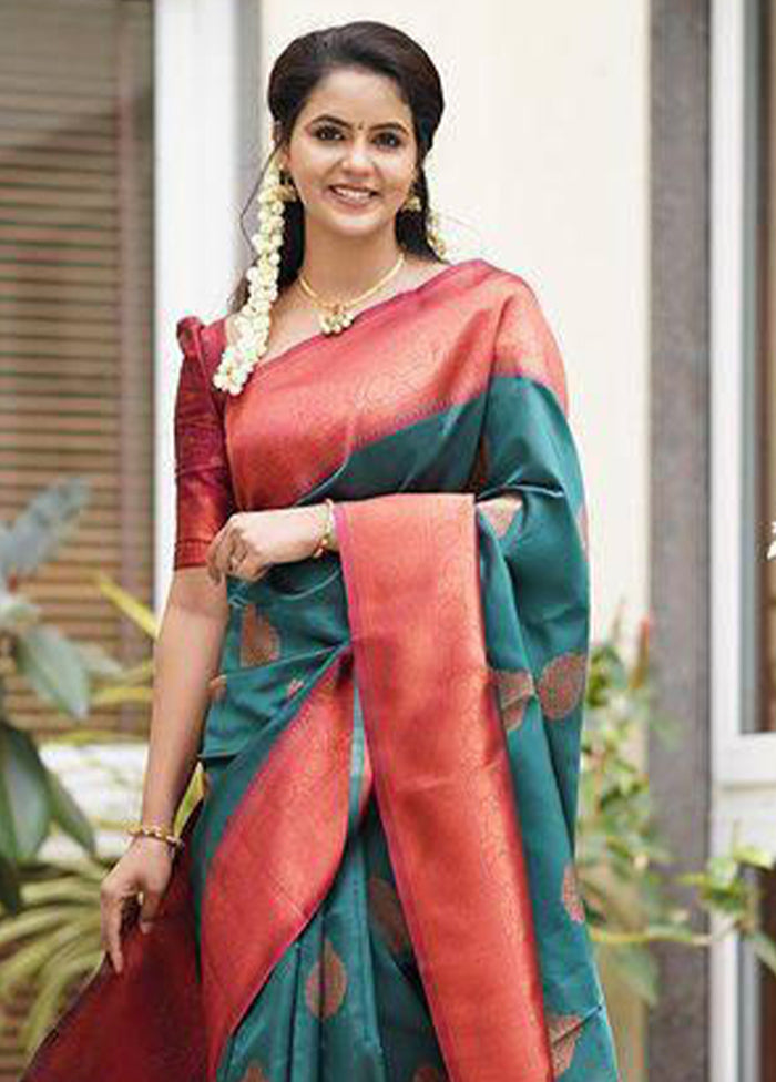 Teal Green Banarasi Silk Saree With Blouse Piece