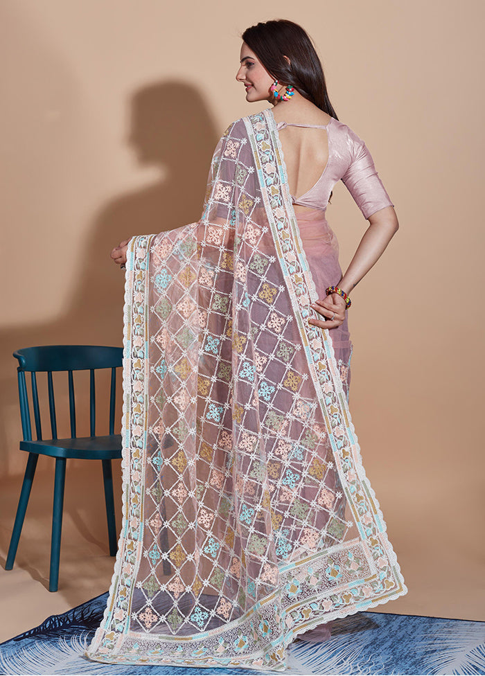 Peach Net Net Saree With Blouse Piece