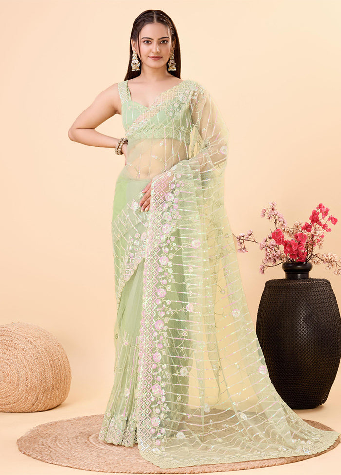 Pista Green Net Net Saree With Blouse Piece