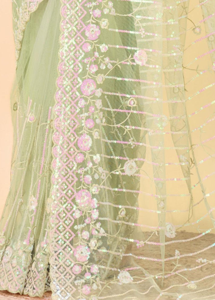 Pista Green Net Net Saree With Blouse Piece