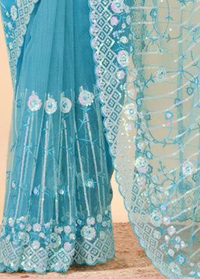 Sky Blue Net Net Saree With Blouse Piece