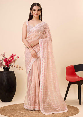 Peach Net Net Saree With Blouse Piece