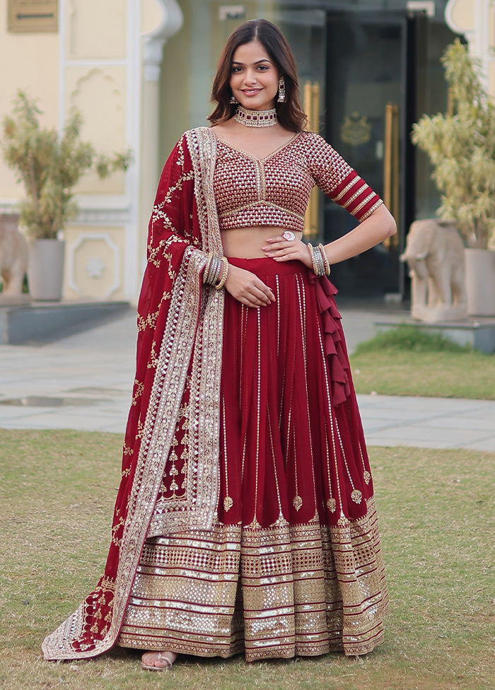 3 Pc Maroon Silk Semi Stitched Lehenga Set