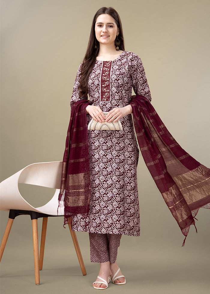 3 Pc Maroon Readymade Rayon Suit Set