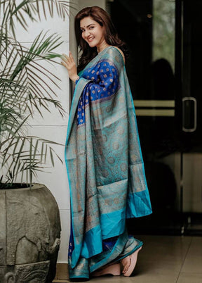 Navy Blue Banarasi Silk Saree With Blouse Piece