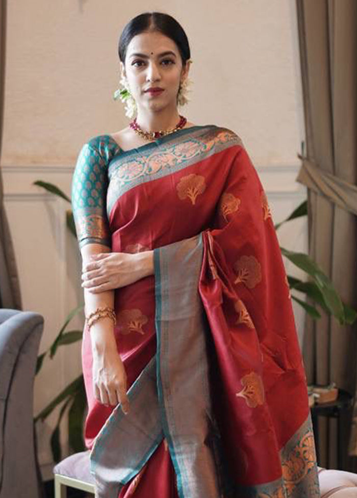 Maroon Banarasi Silk Saree With Blouse Piece