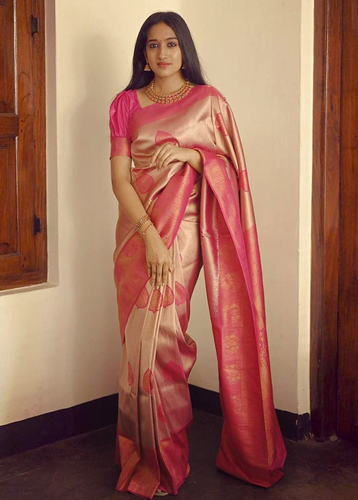 Peach Banarasi Silk Saree With Blouse Piece