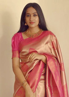 Peach Banarasi Silk Saree With Blouse Piece