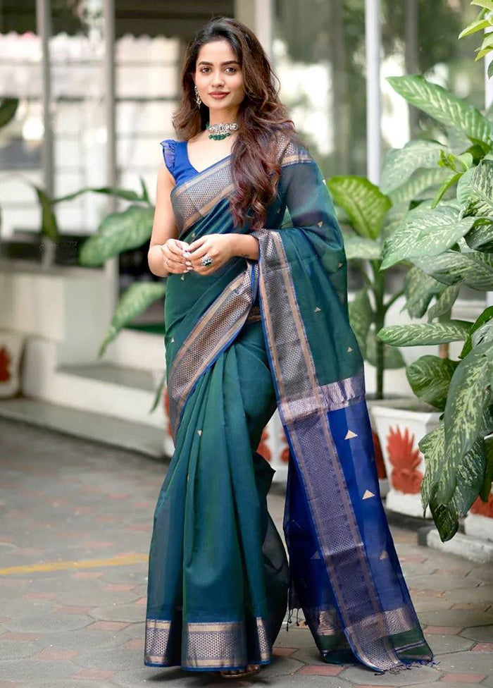 Teal Banarasi Silk Saree With Blouse Piece