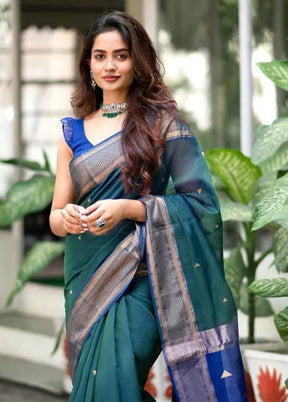 Teal Banarasi Silk Saree With Blouse Piece