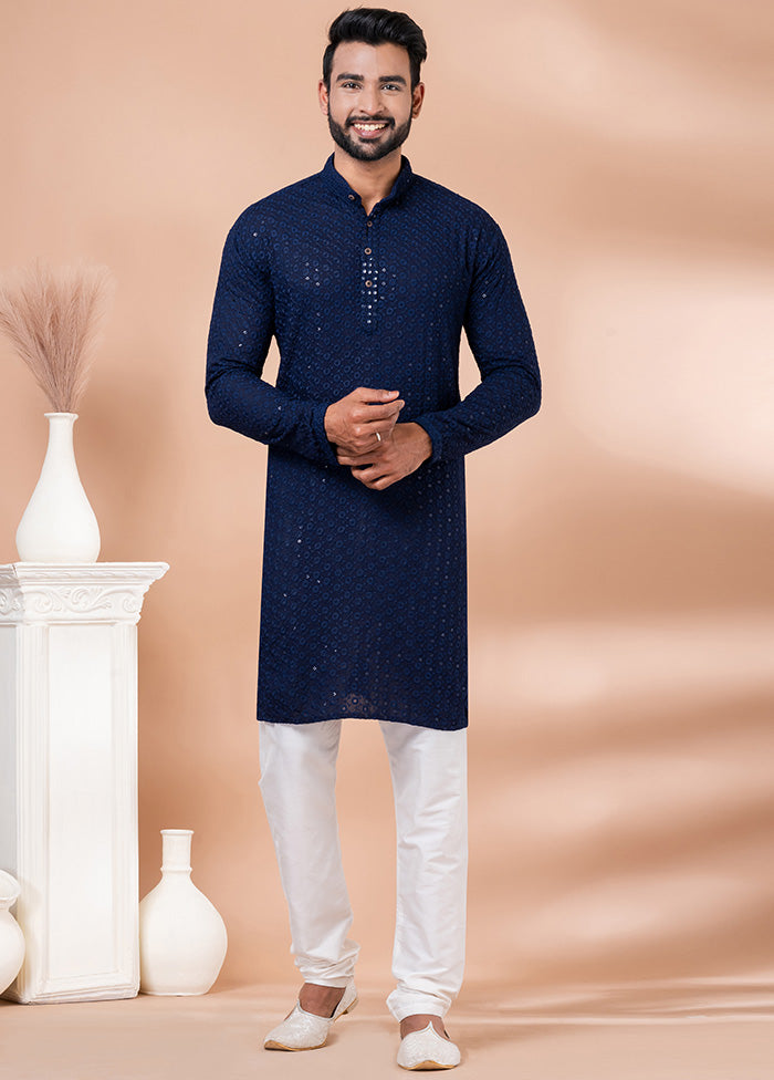 Navy Blue Silk Kurta And Pajama Set