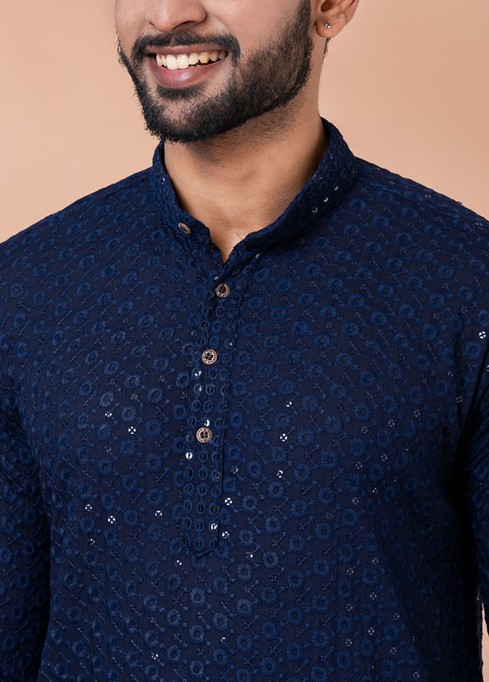 Navy Blue Silk Kurta And Pajama Set