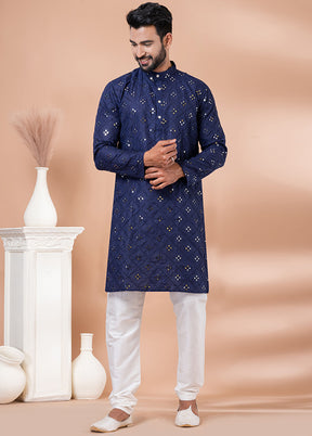 Navy Blue Cotton Kurta And Pajama Set