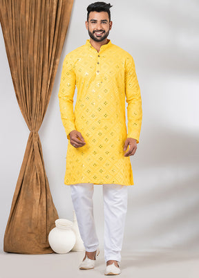 Yellow Cotton Kurta And Pajama Set