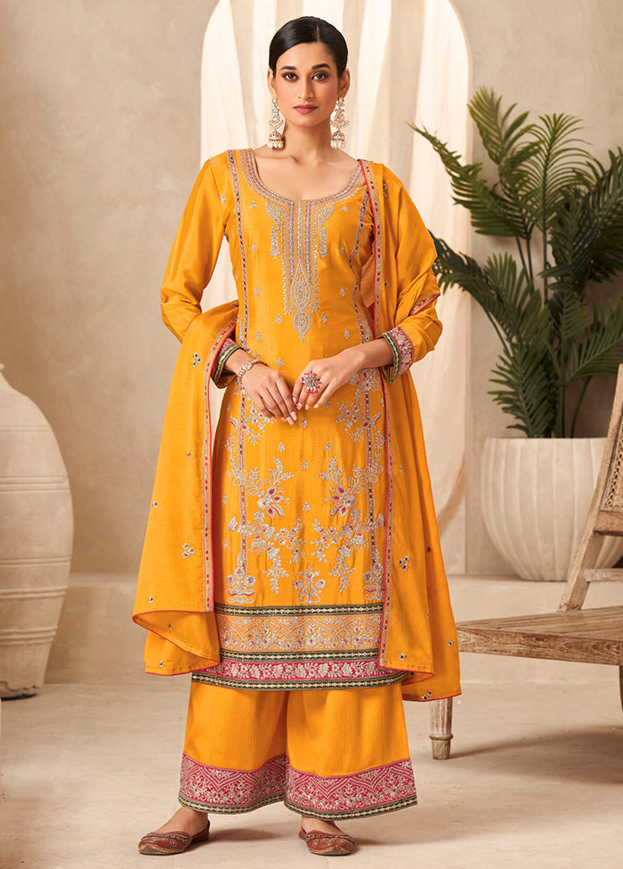 3 Pc Mustard Unstitched Silk Suit Set