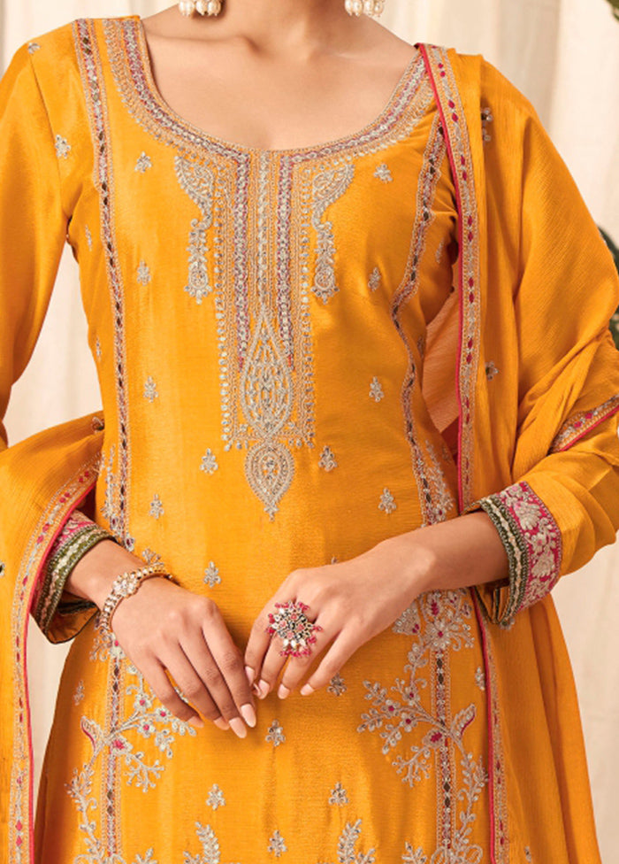 3 Pc Mustard Unstitched Silk Suit Set