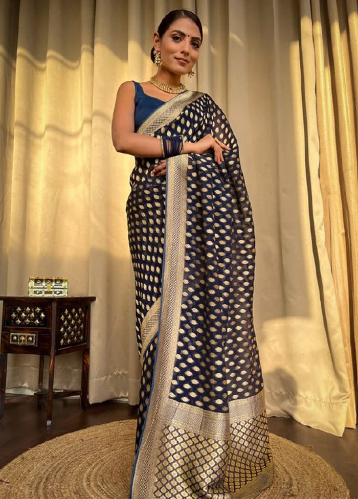 Navy Blue Banarasi Silk Saree With Blouse Piece