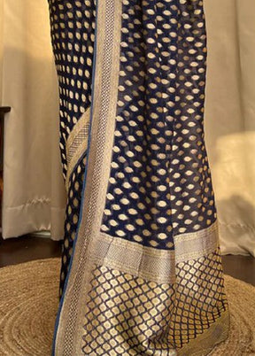 Navy Blue Banarasi Silk Saree With Blouse Piece