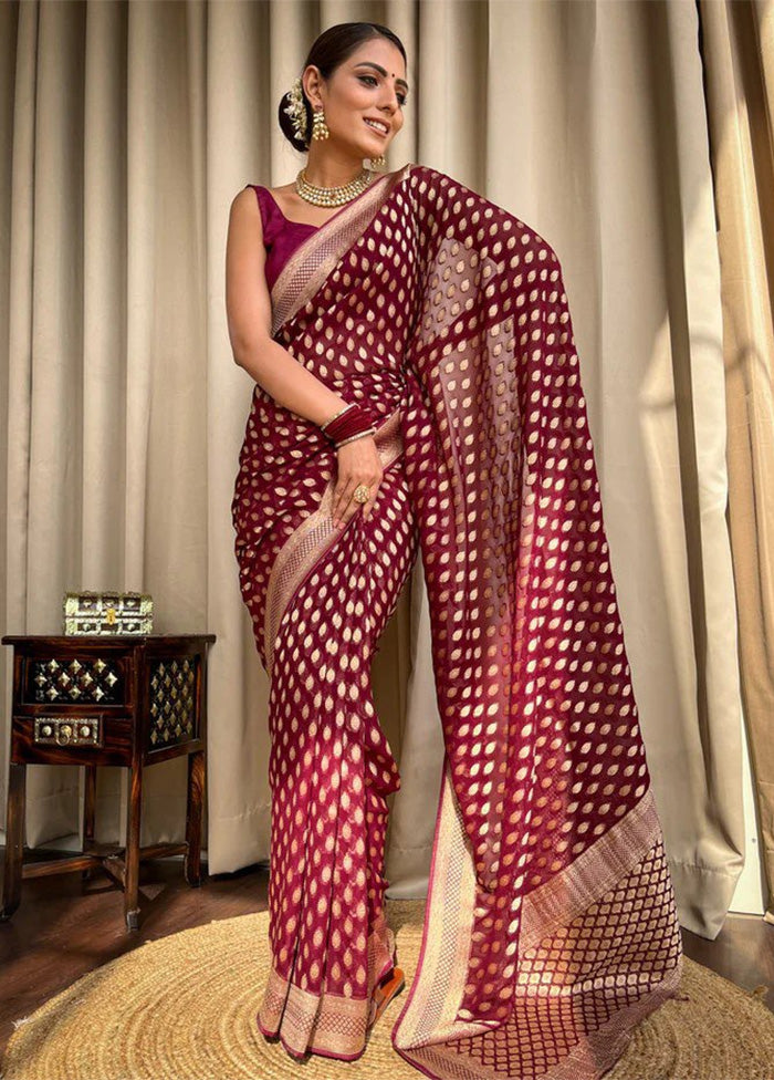 Wine Banarasi Silk Saree With Blouse Piece