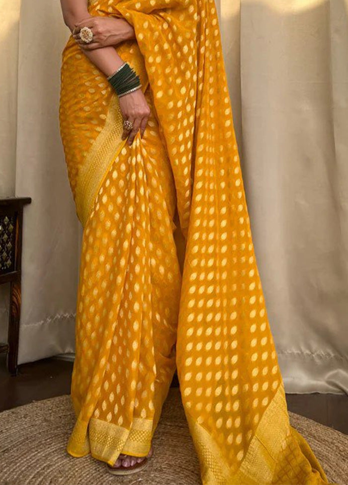 Yellow Banarasi Silk Saree With Blouse Piece