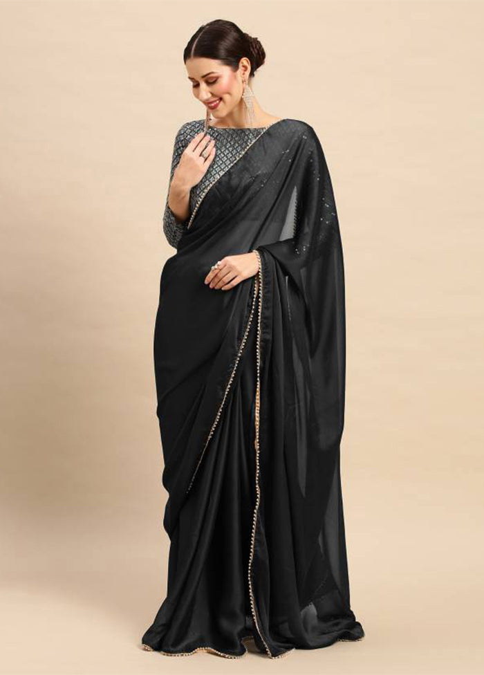 Black Satin Silk Saree With Blouse Piece