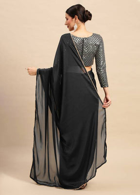 Black Satin Silk Saree With Blouse Piece