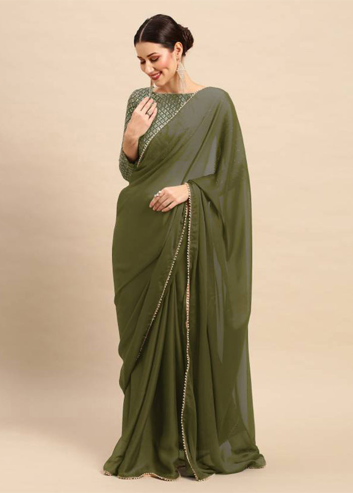 Mehendi Satin Silk Saree With Blouse Piece