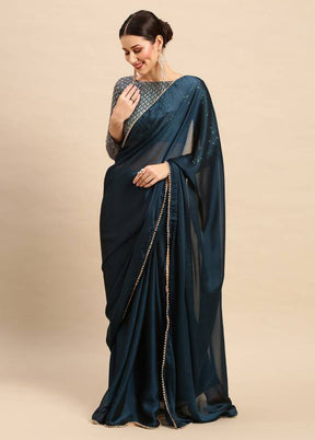 Teal Satin Silk Saree With Blouse Piece