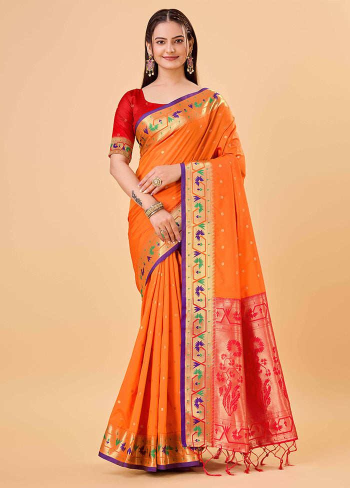 Orange Banarasi Silk Saree With Blouse Piece