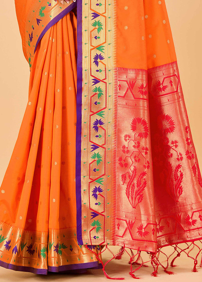 Orange Banarasi Silk Saree With Blouse Piece