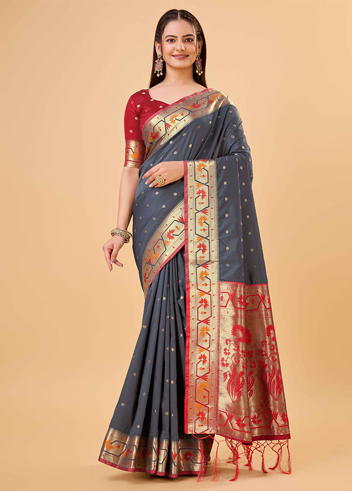 Grey Banarasi Silk Saree With Blouse Piece