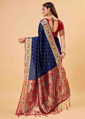 Navy Blue Banarasi Silk Saree With Blouse Piece