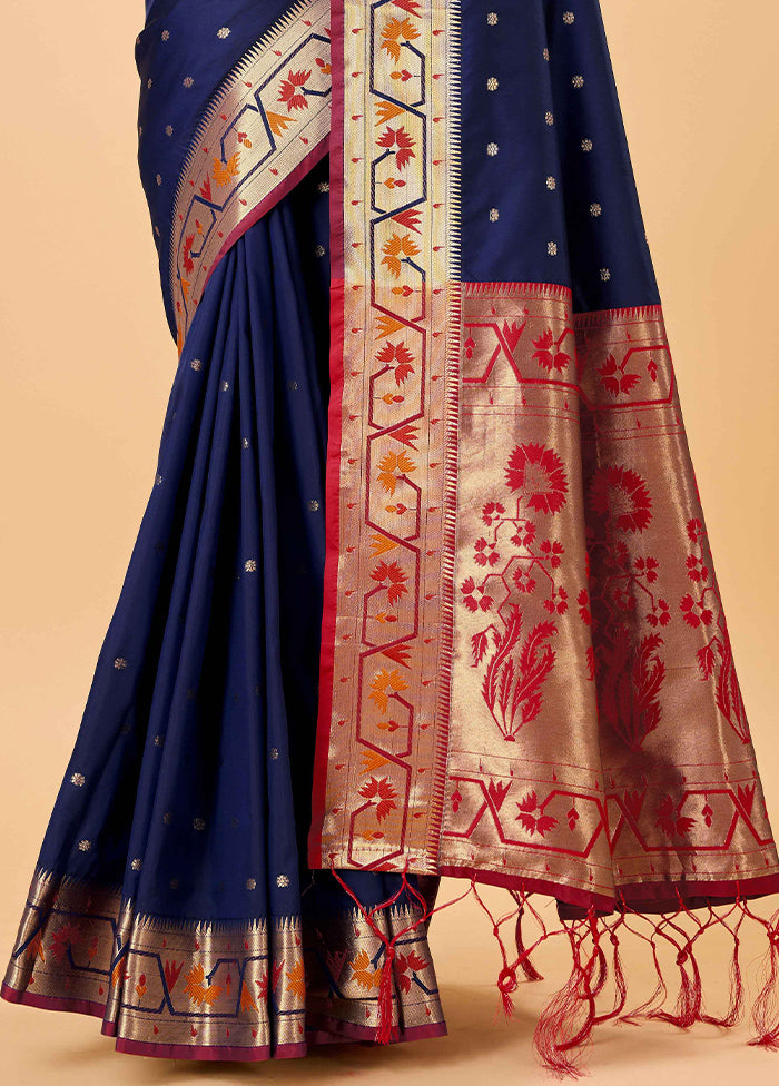 Navy Blue Banarasi Silk Saree With Blouse Piece